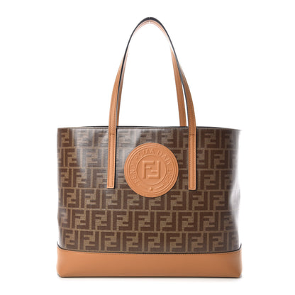 Fendi Glazed Fabric Vitello Century FF 1974 Stamp Patch Shopping Tote Mogano Panna Caramello 1 of 9