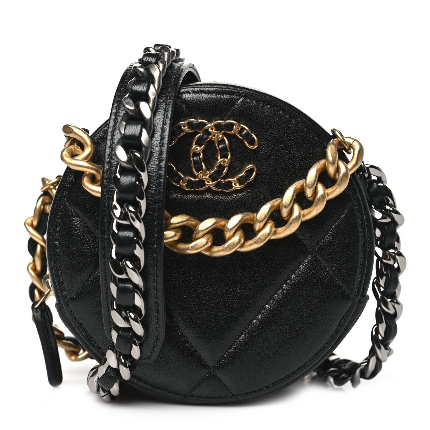 Chanel Lambskin Quilted Chanel 19 Round Clutch With Chain Black 1 of 9