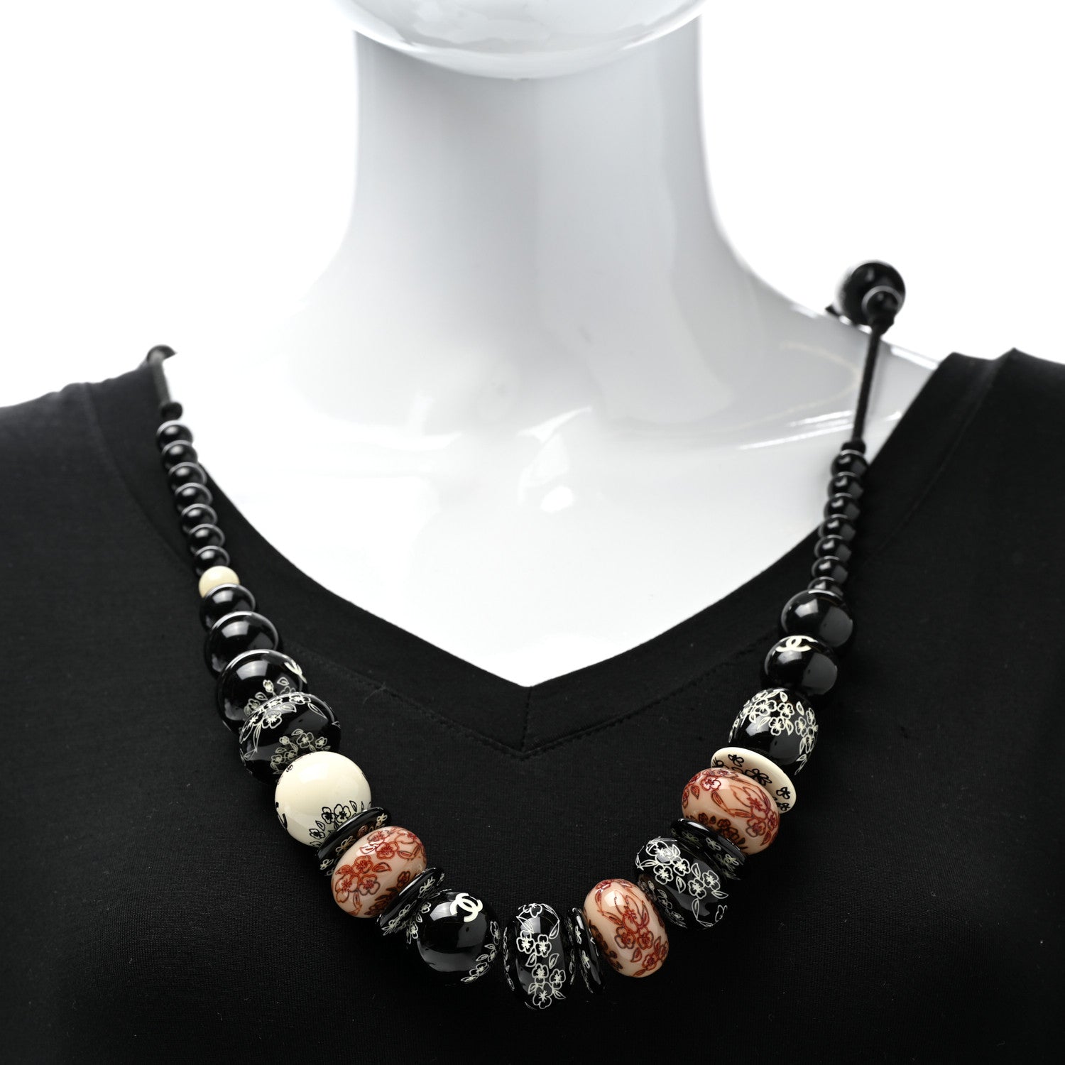 Chanel Engraved Wood Beaded CC Rope Necklace Black Multicolor 2 of 4
