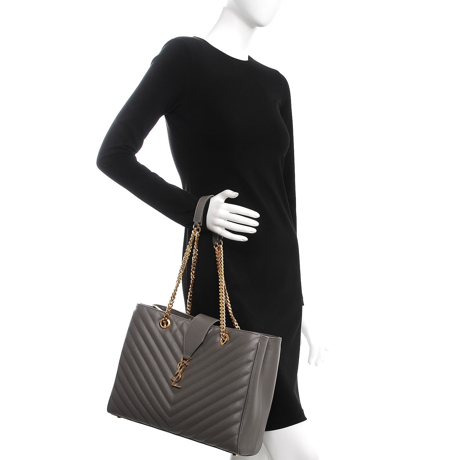Saint Laurent Grain De Poudre Matelasse Chevron Monogram Shopping Bag Fog 2 of 7