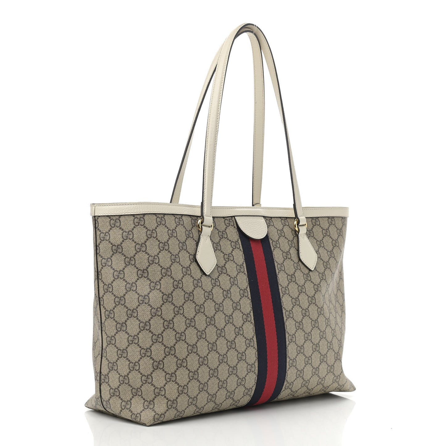 GG Supreme Monogram Textured Dollar Calfskin Web Medium Ophidia Shopping Tote Beige Ebony Mystic White