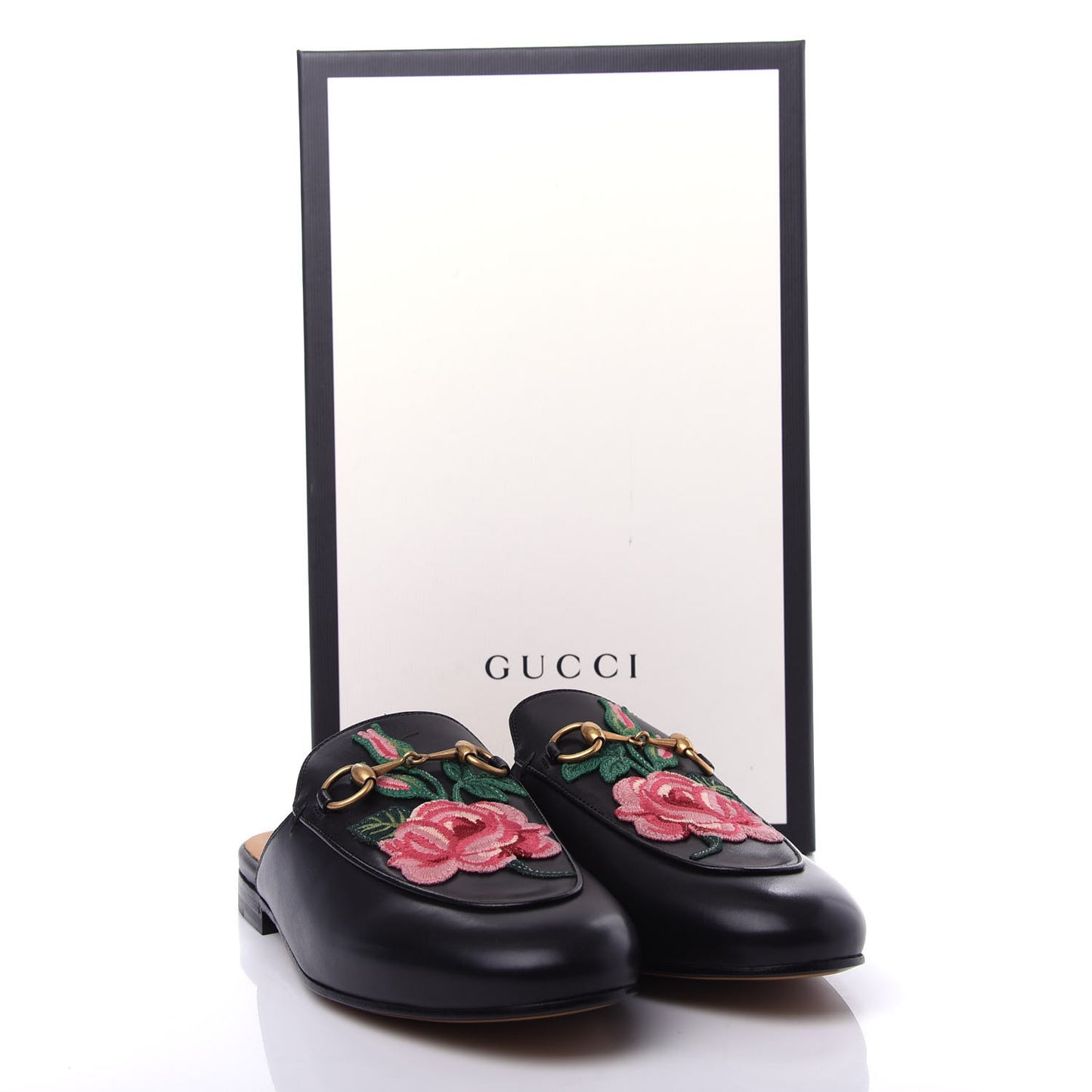 Calfskin Flower Embroidered Princetown Slippers 37 Black