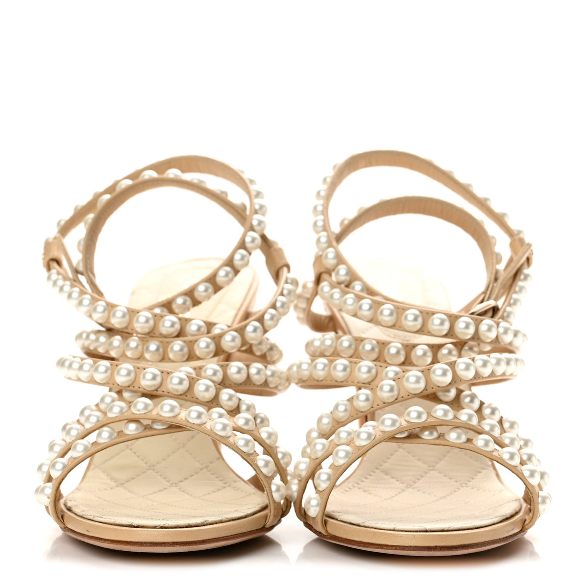 Chanel Goatskin Quilted Pearl Sandals 38.5 Beige 3 of 9