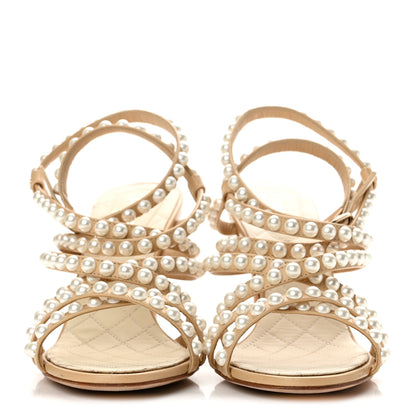 Chanel Goatskin Quilted Pearl Sandals 38.5 Beige 3 of 9
