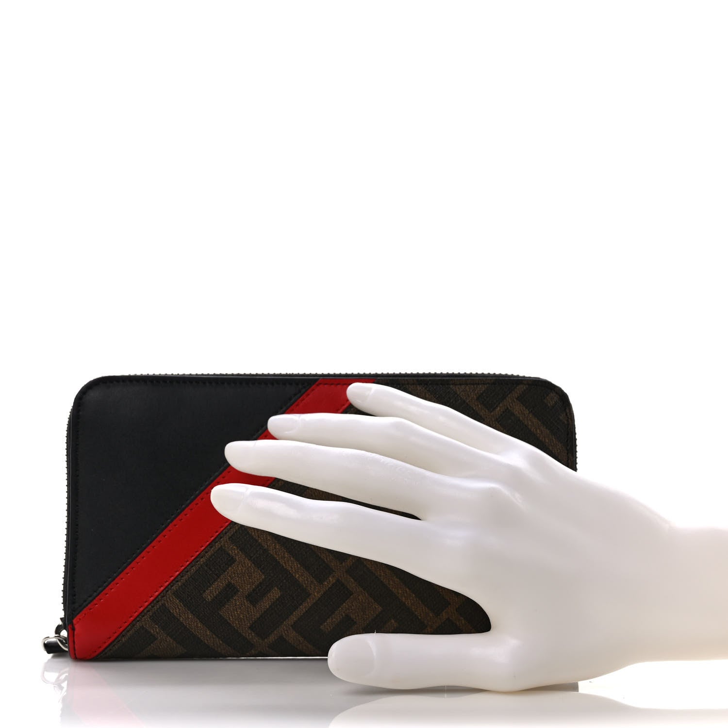 Fendi Glazed Fabric Vitello Liberty FF 1974 Diagonal Zip Around Wallet Tobacco Rosso Black 2 of 7