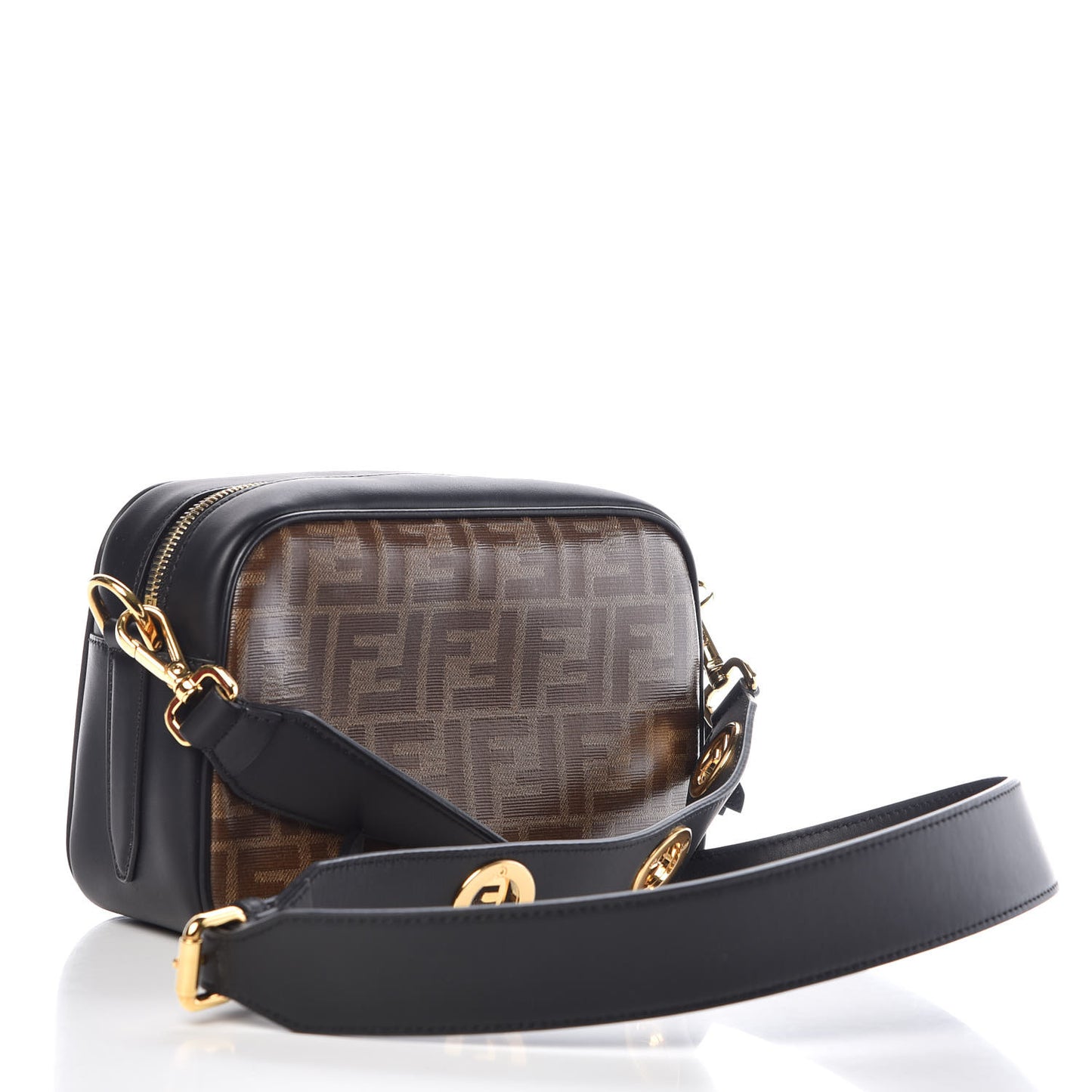 Glazed Fabric Vitello Century F is Fendi FF 1974 Stamp Patch Camera Case Mogano Panna Black