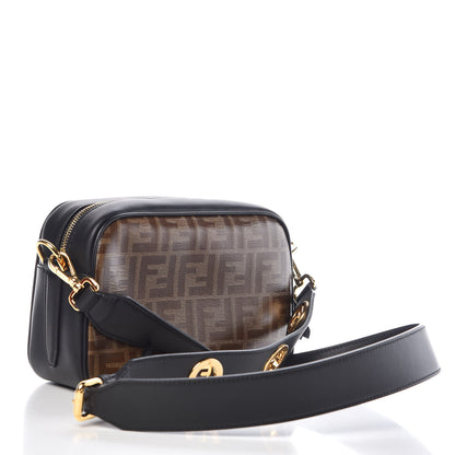 Fendi Glazed Fabric Vitello Century F is Fendi FF 1974 Stamp Patch Camera Case Mogano Panna Black 3 of 9