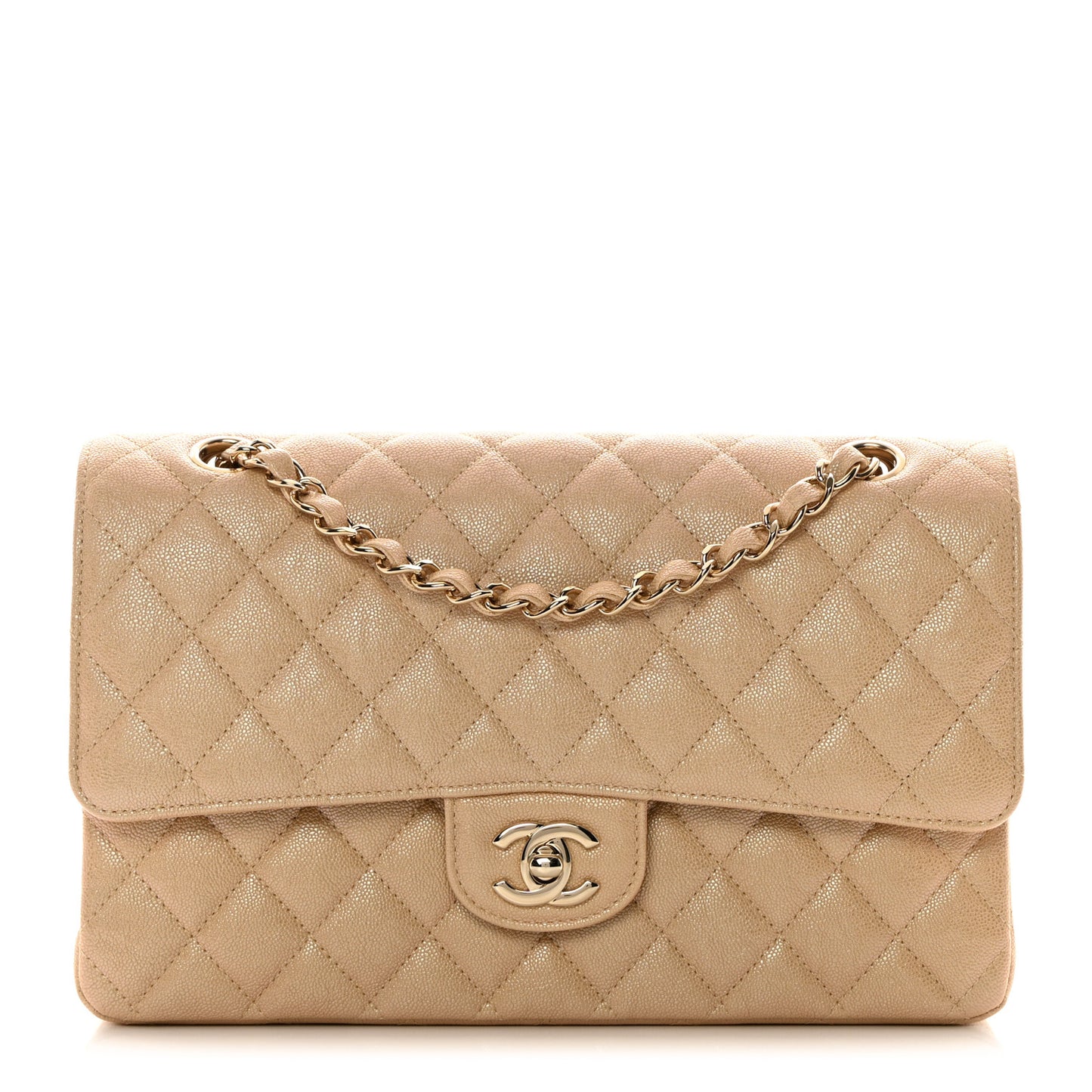 Iridescent Caviar Quilted Medium Double Flap Beige