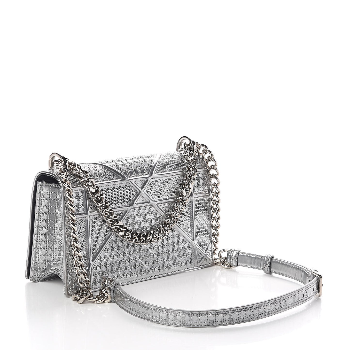 Metallic Patent Micro-Cannage Small Diorama Flap Bag Silver