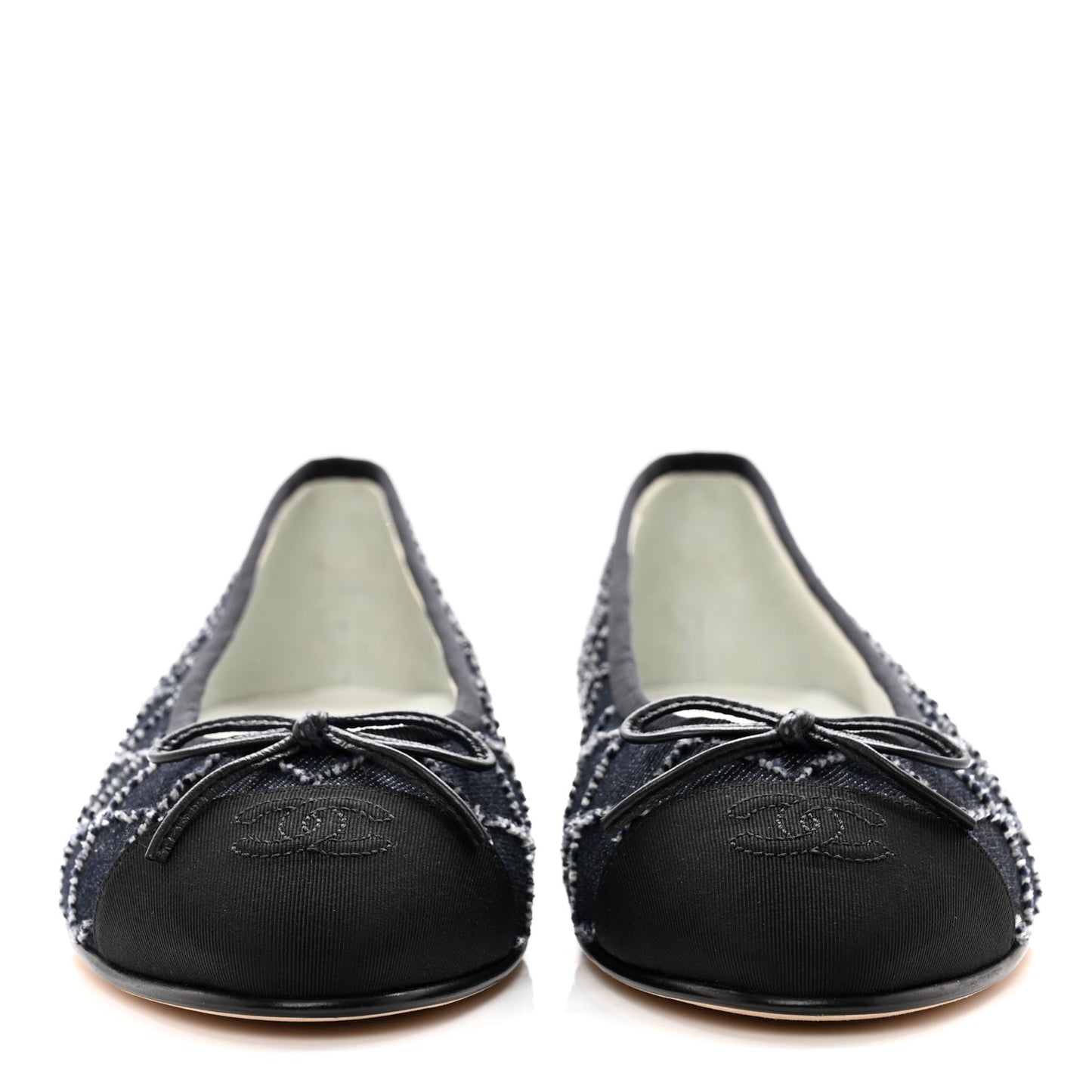 Denim Embroidered Grosgrain CC Cap Toe Ballerina Flats 38.5 Blue Black
