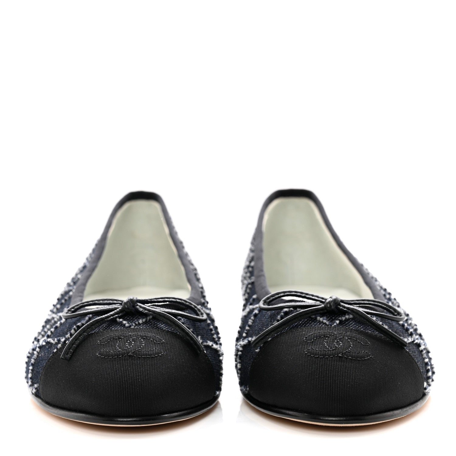 Chanel Denim Embroidered Grosgrain CC Cap Toe Ballerina Flats 38.5 Blue Black 2 of 8
