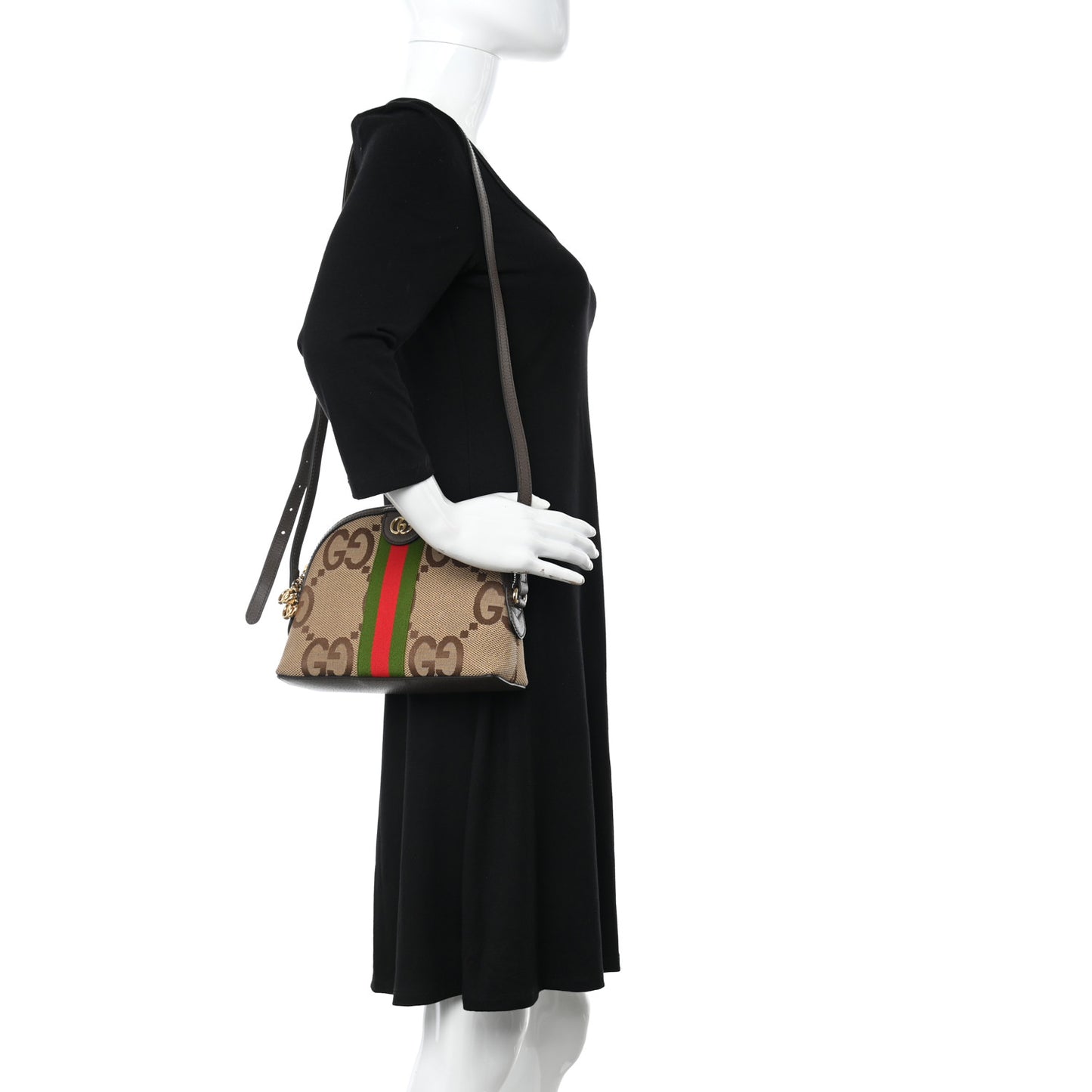 Monogram Jumbo GG Textured Dollar Calfskin Web Small Ophidia Dome Shoulder Bag Camel Ebony New Acero