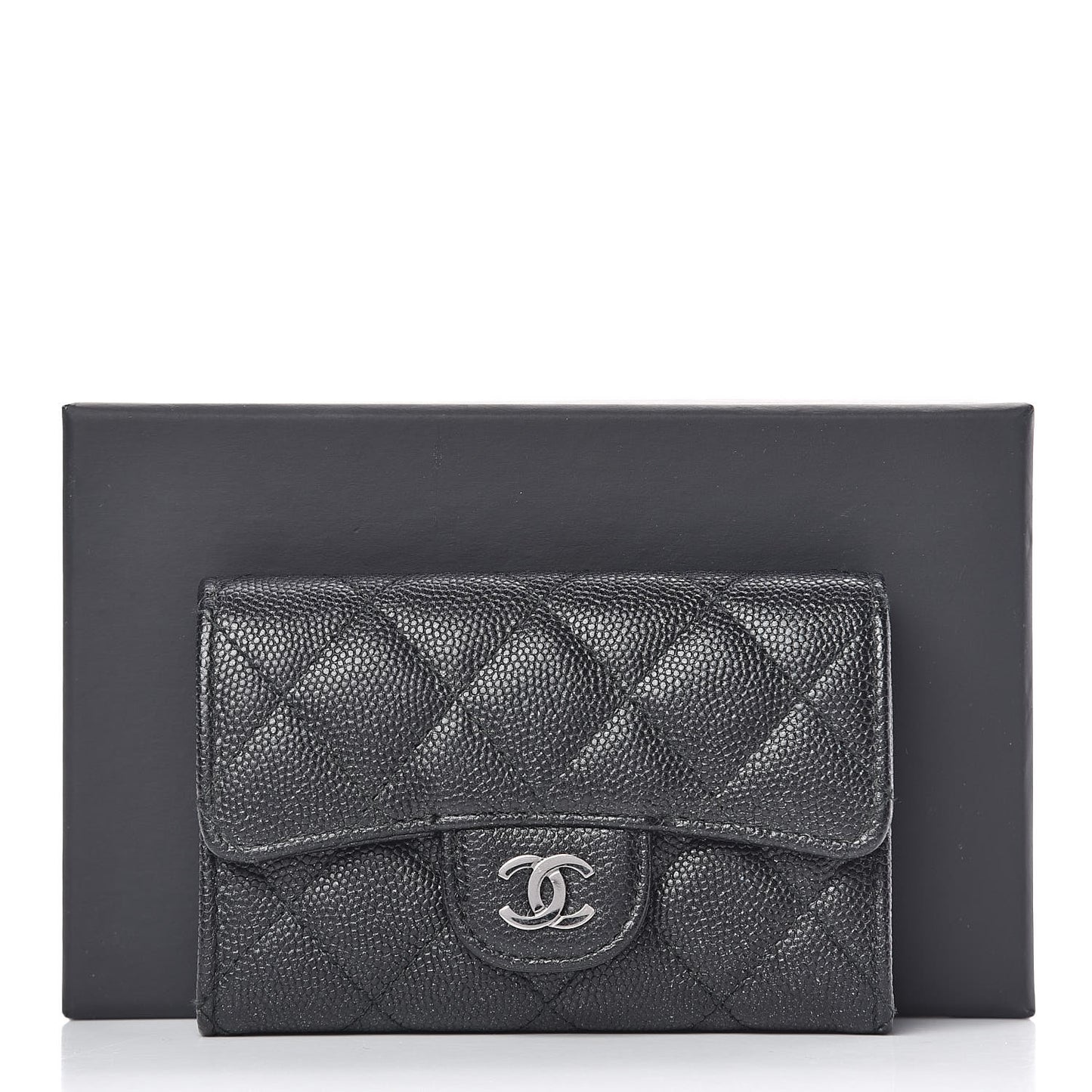 Iridescent Caviar Flap Quilted Card Holder Black
