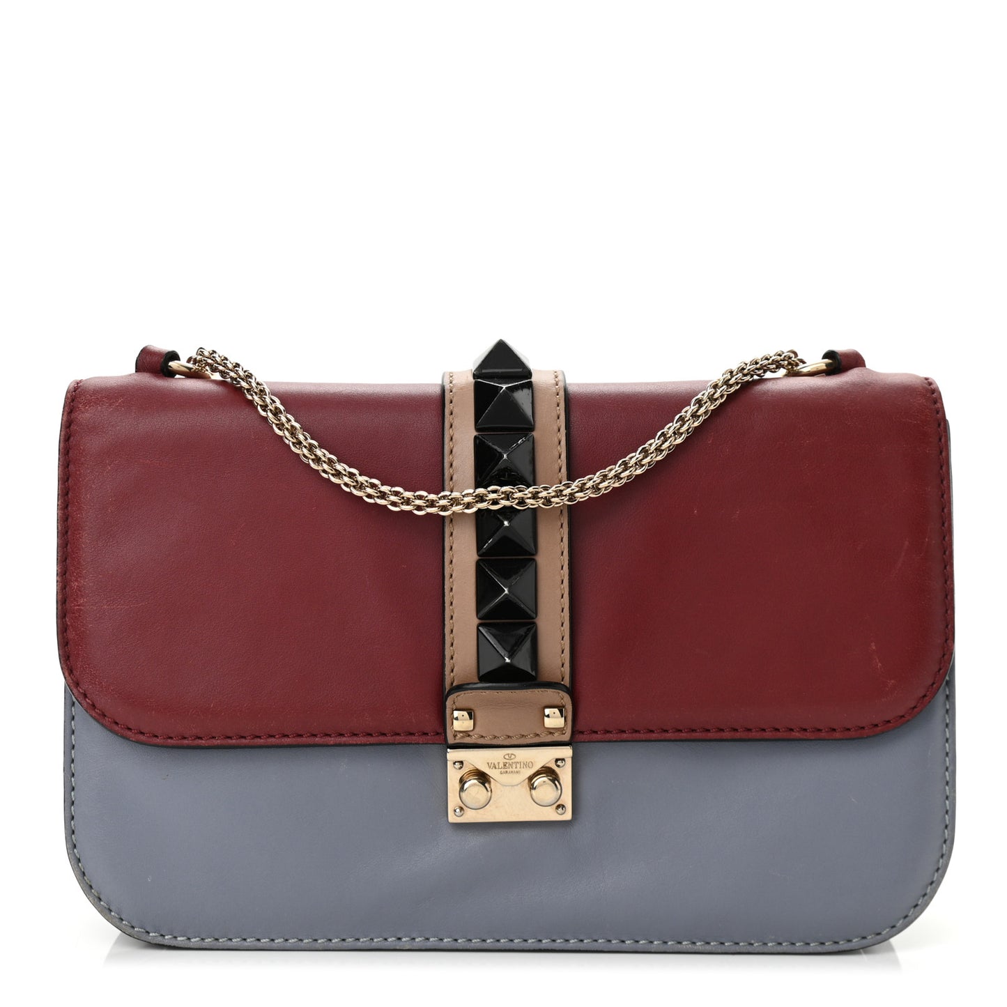 Vitello Tri-Color Medium Glam Lock Rockstud Flap Red Beige Gray