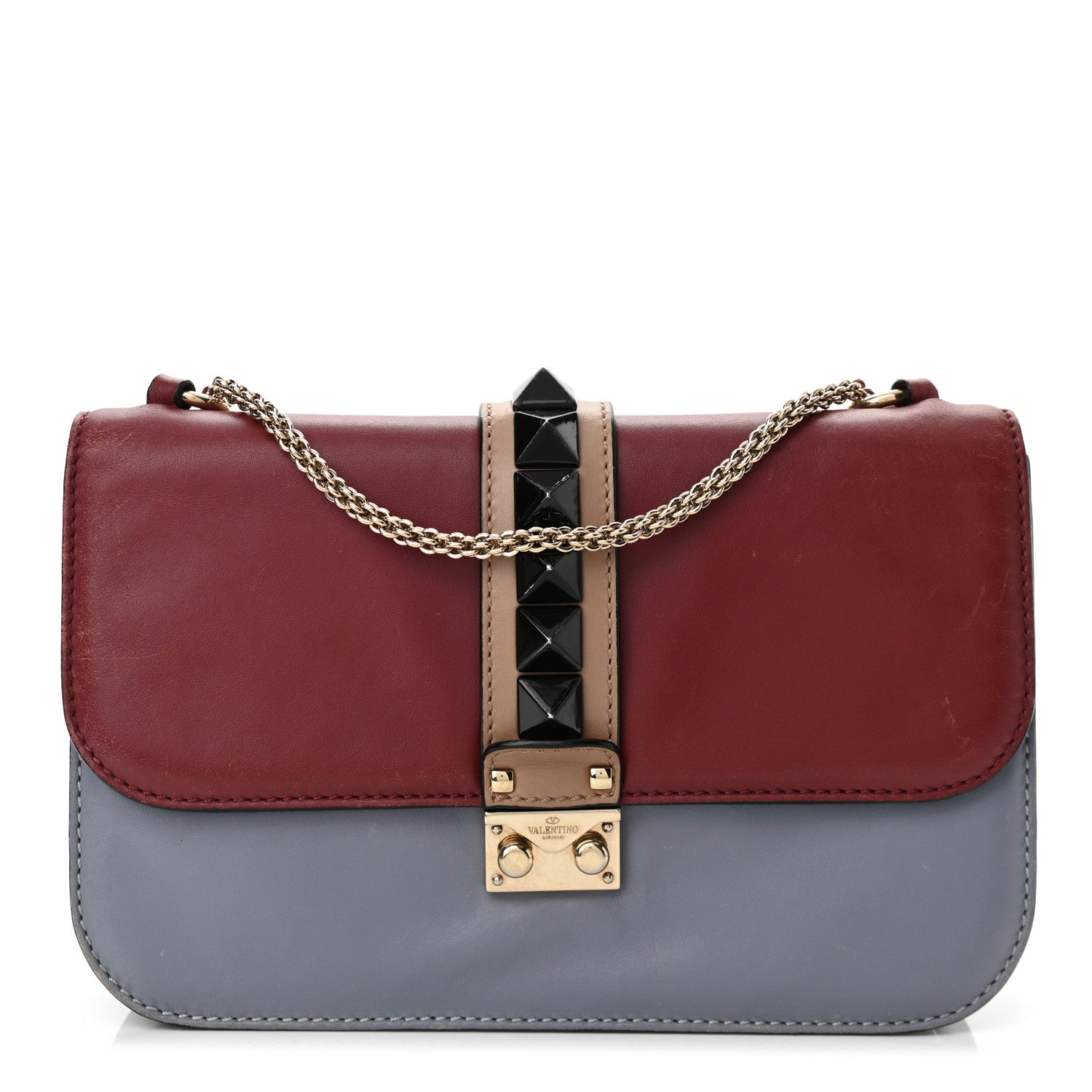 Valentino Garavani Vitello Tri-Color Medium Glam Lock Rockstud Flap Red Beige Gray 1 of 12