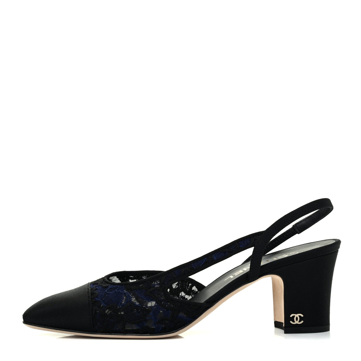 Lace Grosgrain Cap Toe CC Slingback Pumps 40 Navy Black
