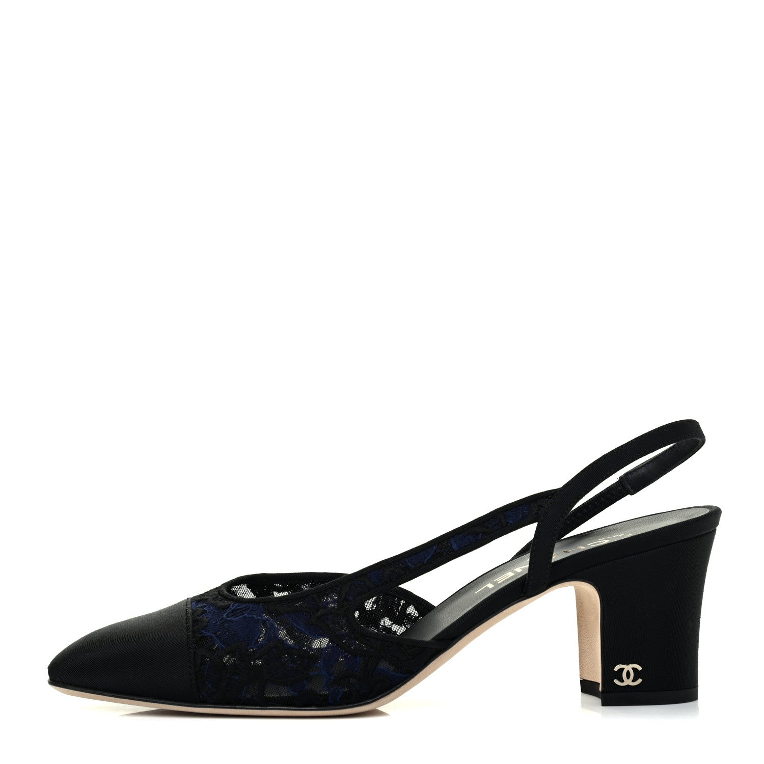 Chanel Lace Grosgrain Cap Toe CC Slingback Pumps 40 Navy Black 1 of 10