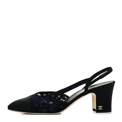 Chanel Lace Grosgrain Cap Toe CC Slingback Pumps 40 Navy Black 1 of 10