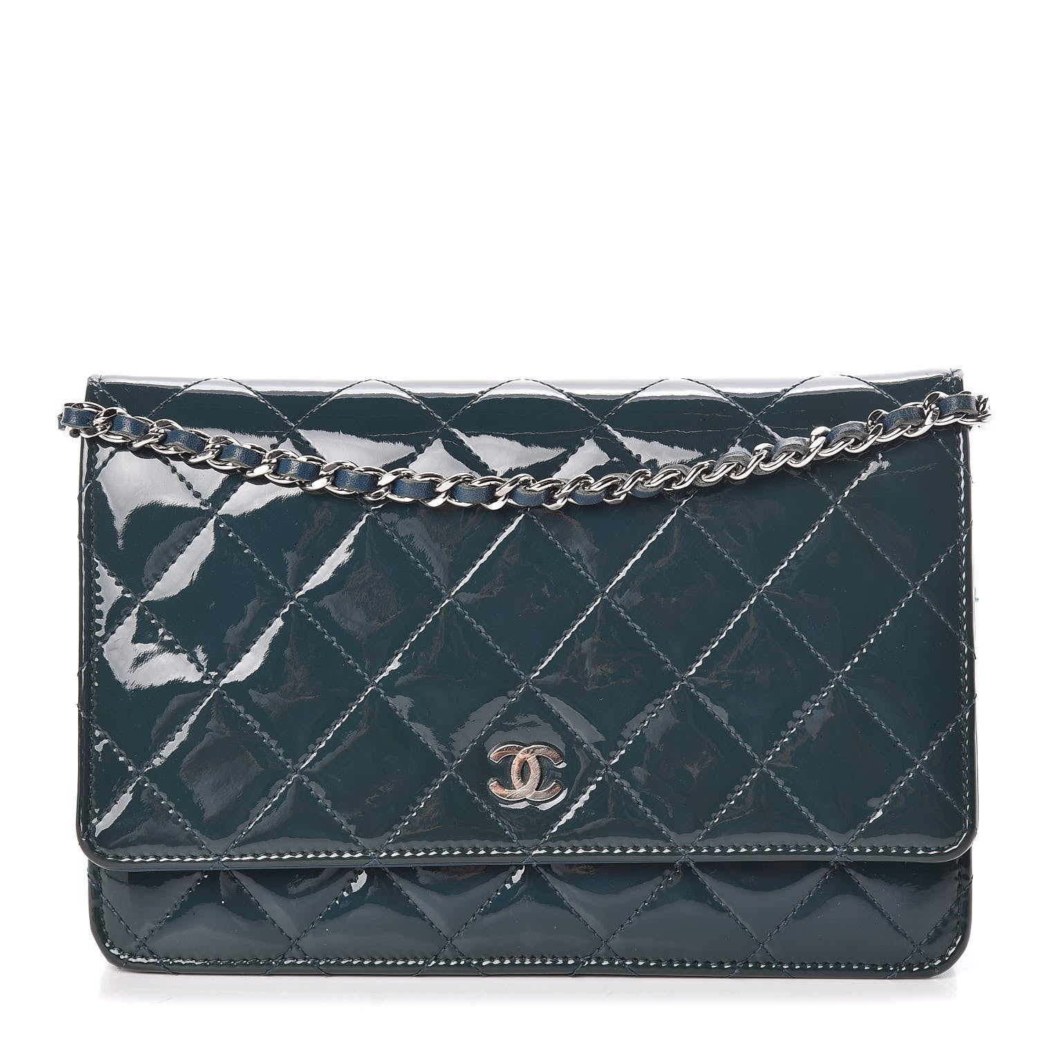 Chanel Patent Quilted Wallet On Chain WOC Blue 1 of 11