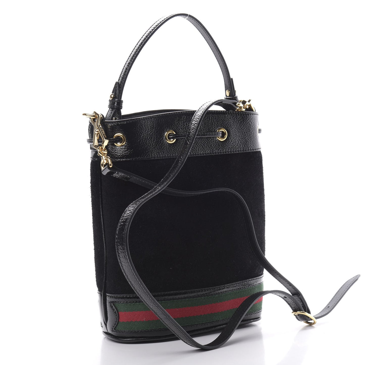 Suede Patent Web Small Ophidia Bucket Bag Black