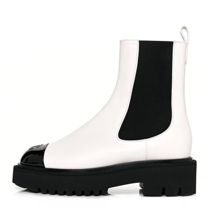 Chanel Patent Calfskin Cap Toe CC Ankle Boots 37 White Black 1 of 8