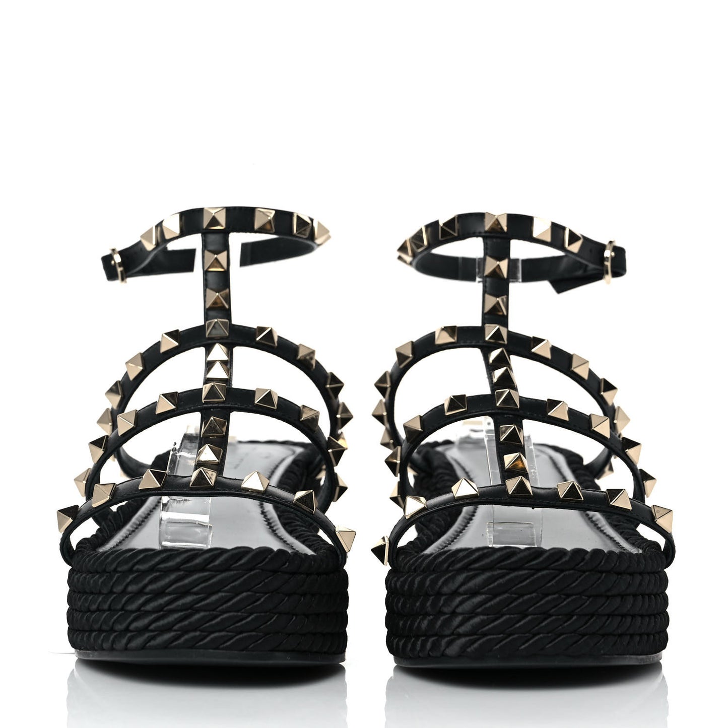 Calfskin Rockstud Ankle Strap Torchon Espadrille Caged 30/55mm Sandals 39 Black