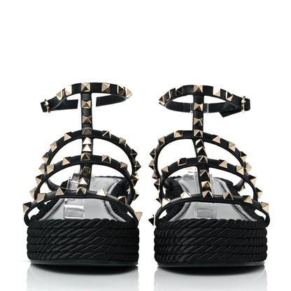 Valentino Garavani Calfskin Rockstud Ankle Strap Torchon Espadrille Caged 30/55mm Sandals 39 Black 2 of 8