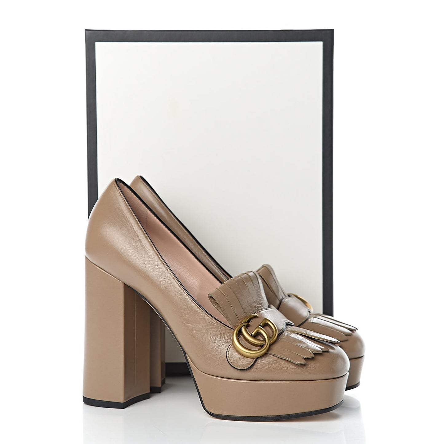 Malaga Kid GG Marmont Fringe Platform High Heel Loafer Pumps 39 Taupe