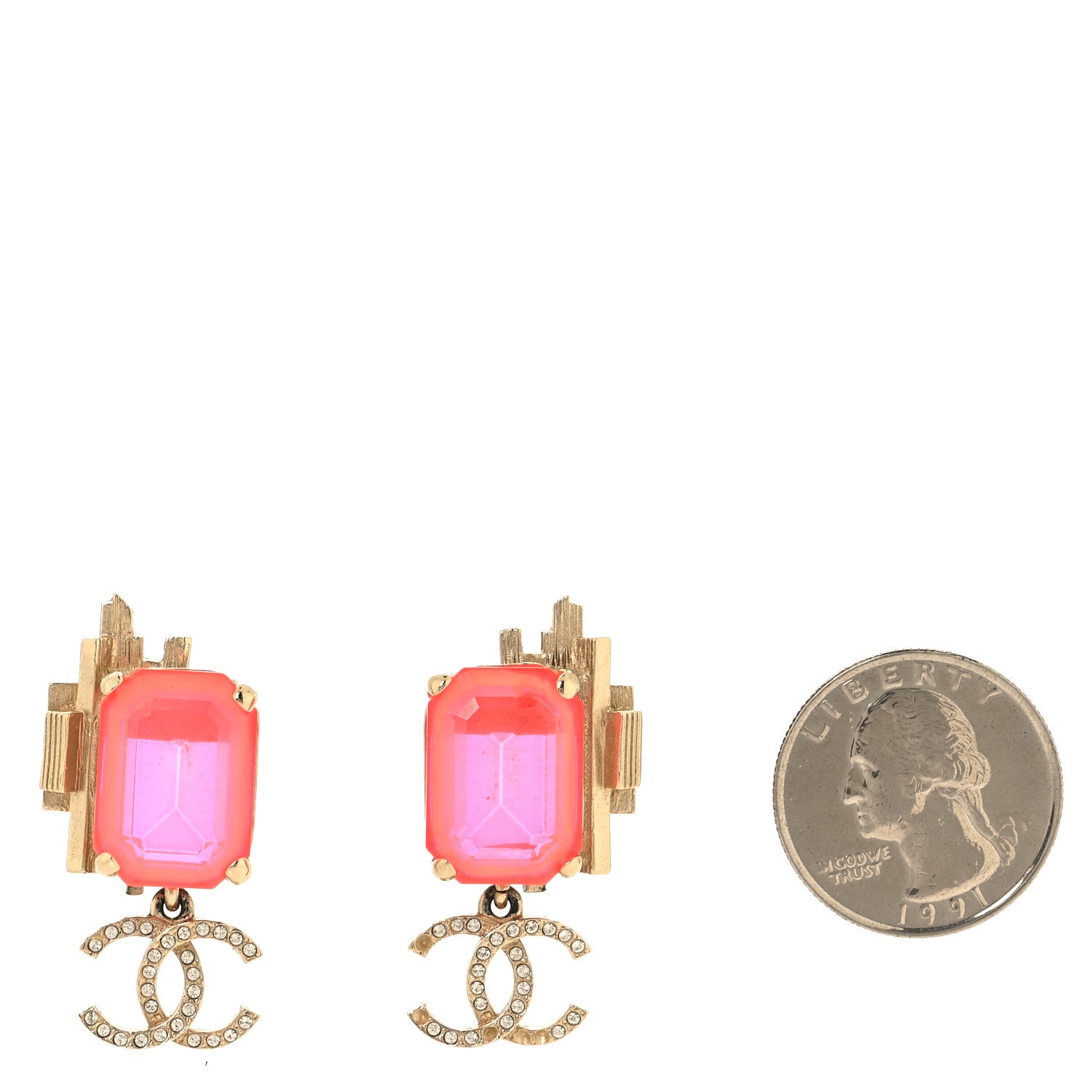 Chanel Metal Crystal CC Earrings Gold Pink 2 of 6