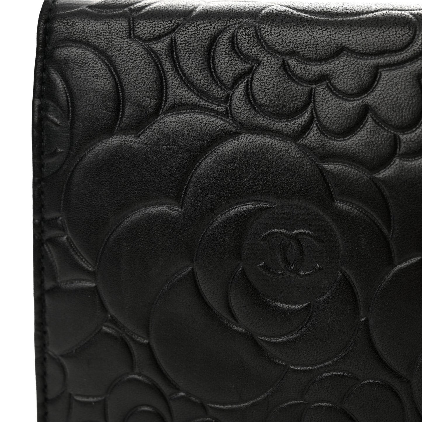 Lambskin Camellia Embossed Wallet on Chain WOC Black