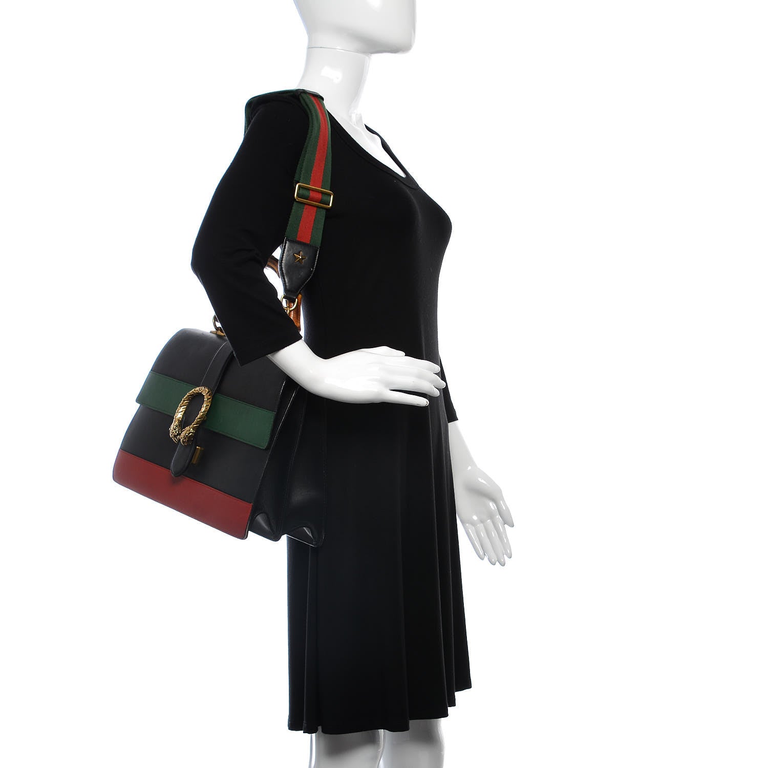 Gucci Calfskin Bamboo Web Large Dionysus Top Handle Bag Black Bright Evergreen Hibiscus Red 3 of 32