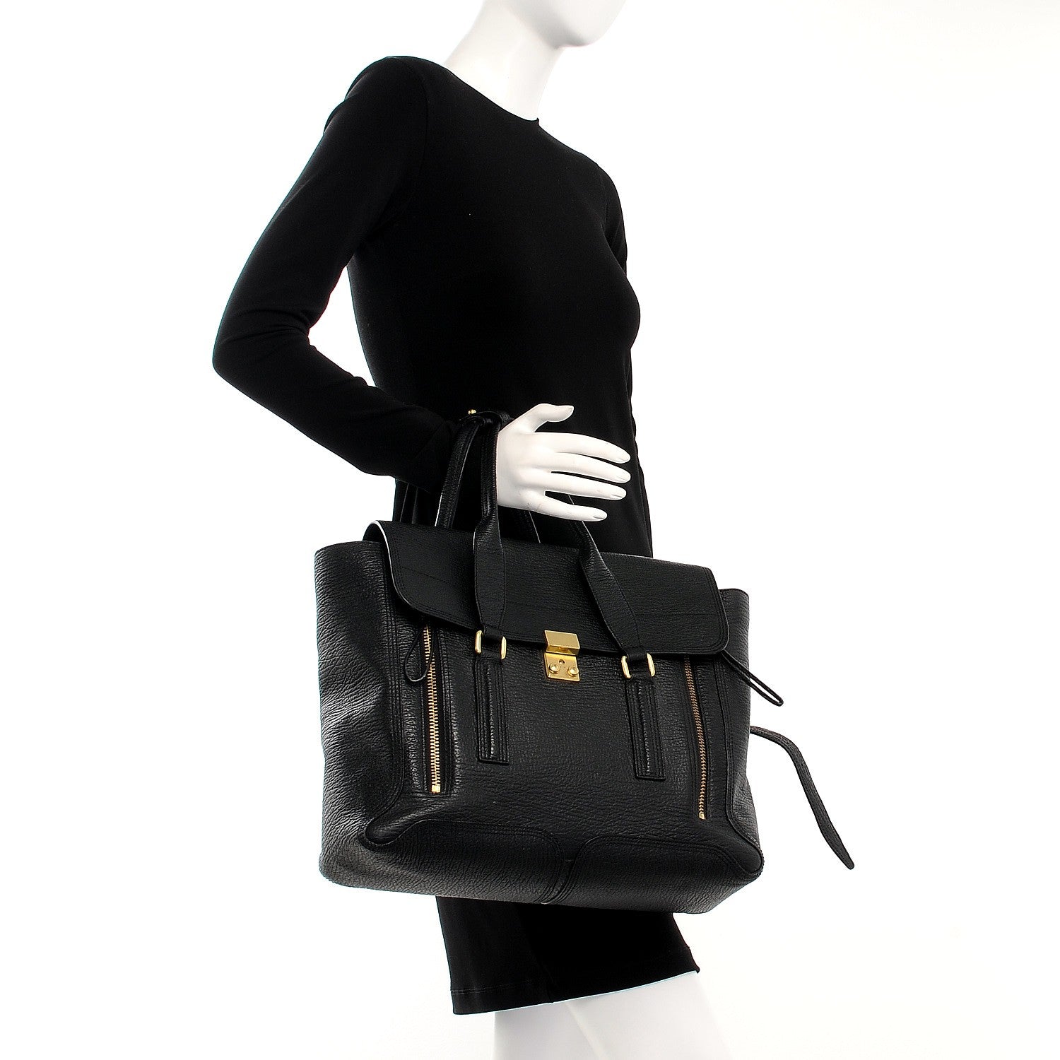 3.1 Phillip Lim 3.1 Textured Calfskin Large Pashli Satchel Black 3 of 8
