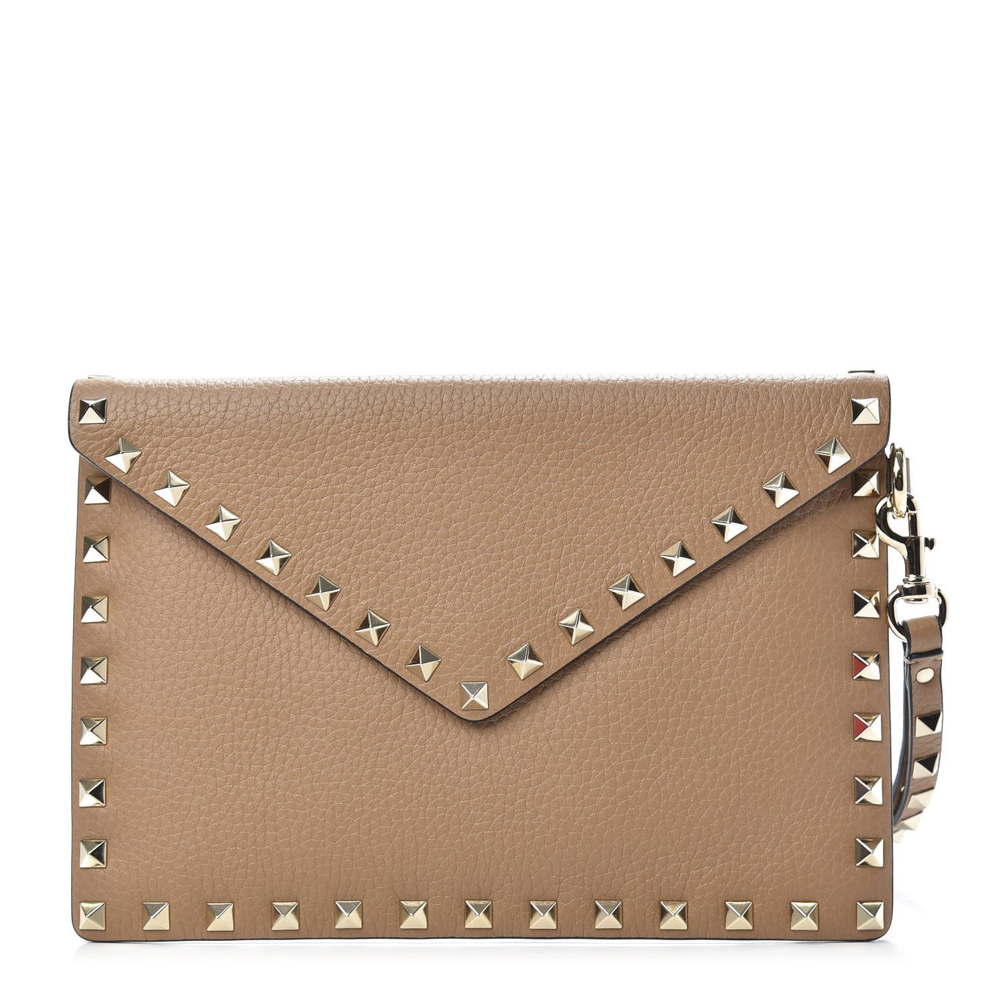 Pebbled Calfskin Medium Rockstud Envelope Flat Wristlet Pouch Deep Alpaca