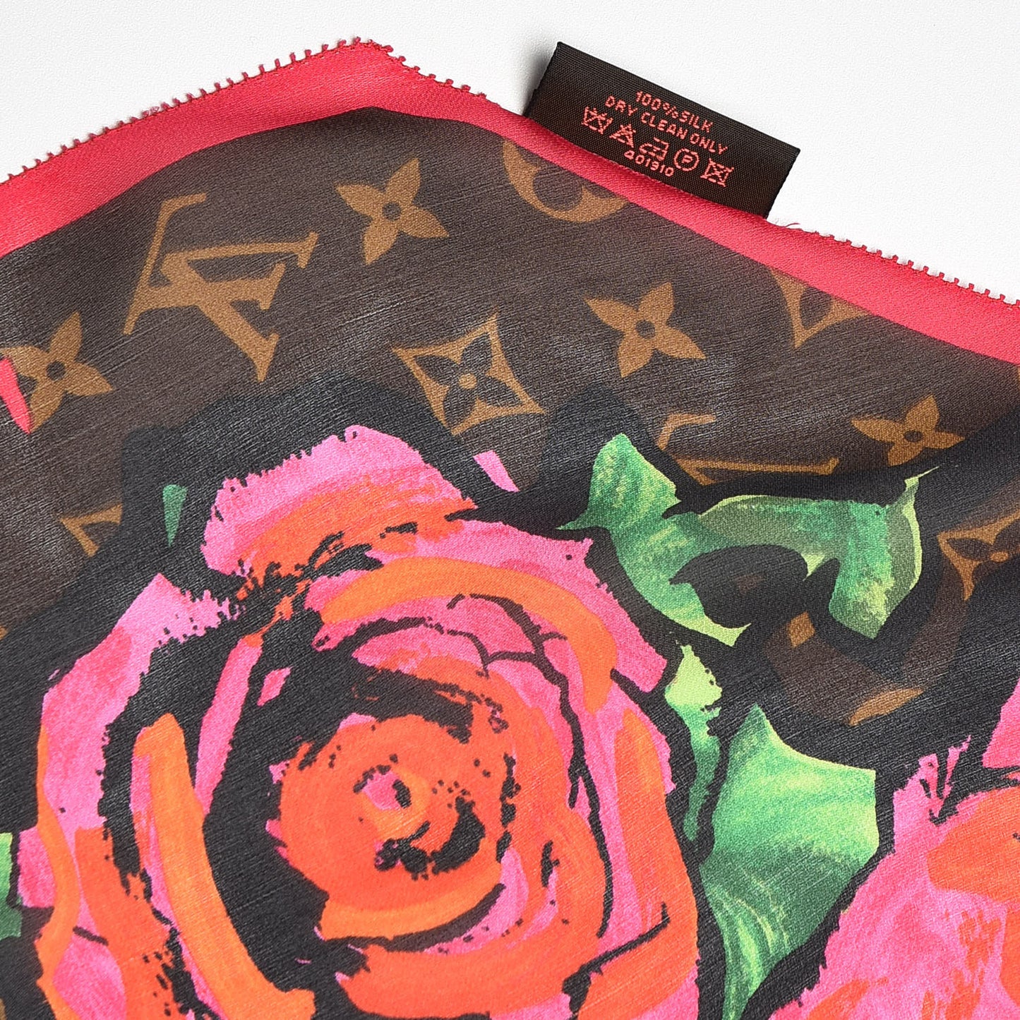Silk Monogram Roses Scarf Marron