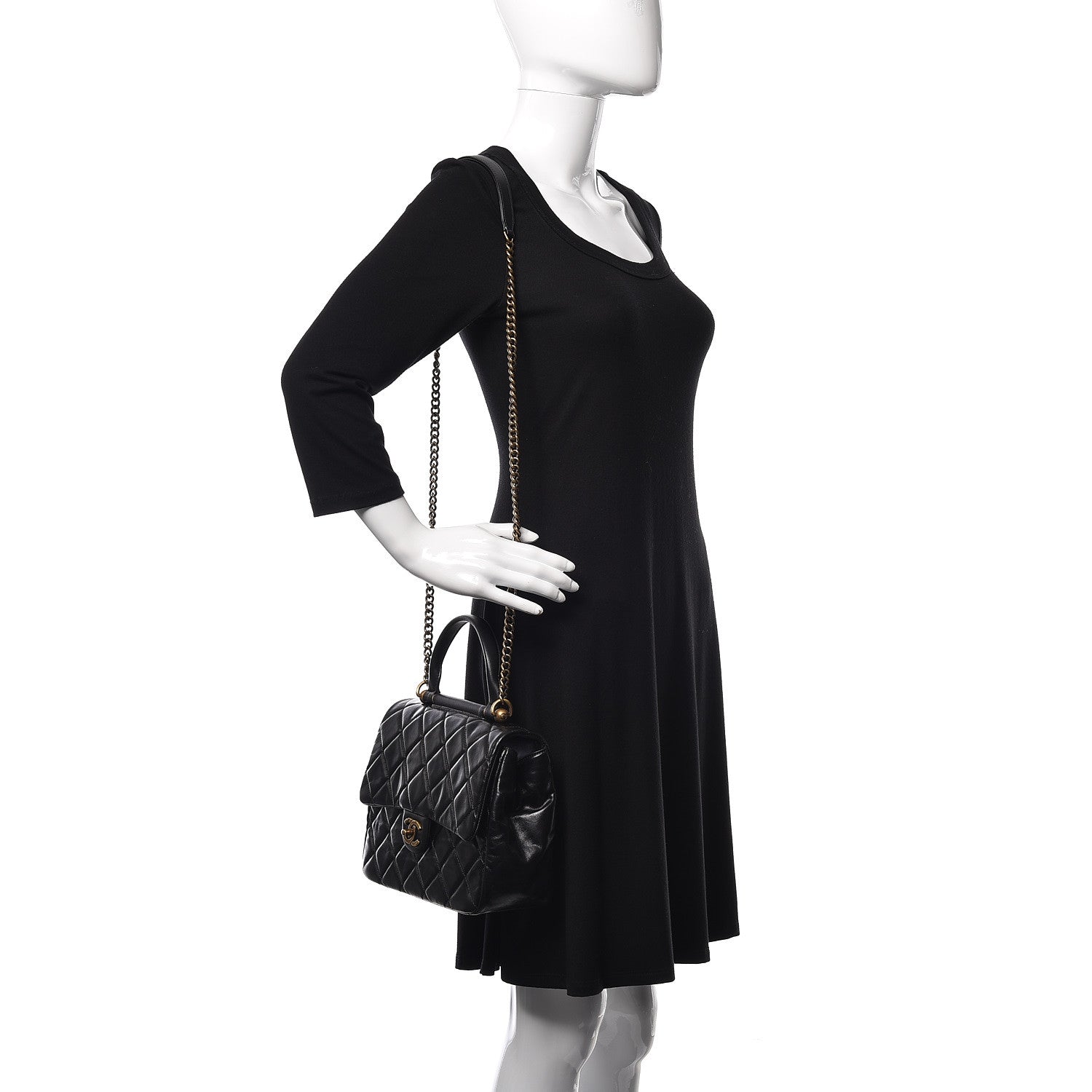 Chanel Calfskin Quilted Medium Gold Bar Top Handle Flap Black 2 of 9