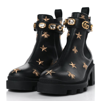 Gucci Calfskin Bee Star Embroidered Belt Ankle Boots 36.5 Black 3 of 9