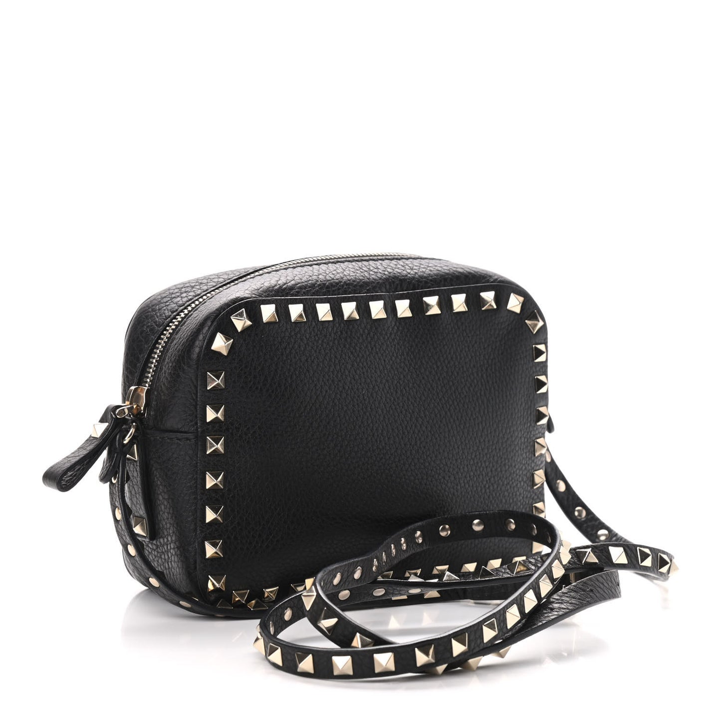 Pebbled Calfskin Rockstud Camera Crossbody Bag Black