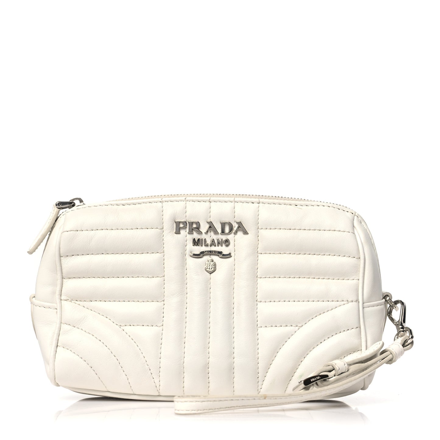 Soft Calfskin Stitched Diagramme Wristlet Pouch White