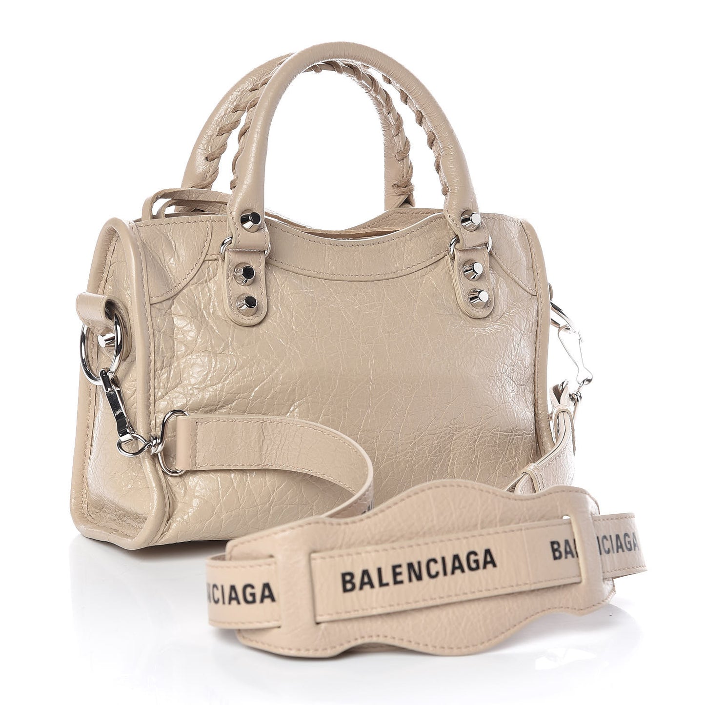 Agneau Classic Silver Hardware Mini City Logo Strap Beige Tapioca