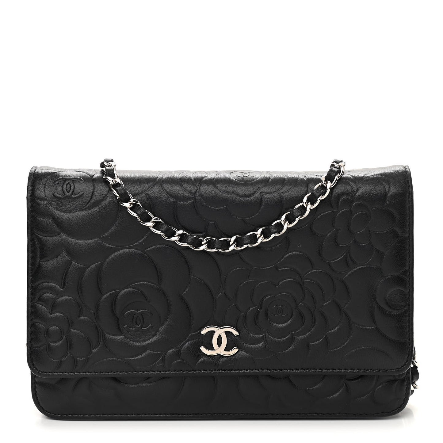 Lambskin Camellia Embossed Wallet on Chain WOC Black