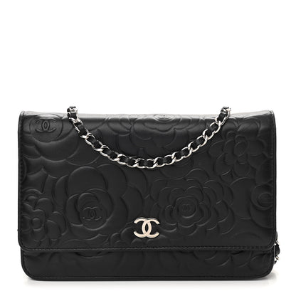 Chanel Lambskin Camellia Embossed Wallet on Chain WOC Black 1 of 14