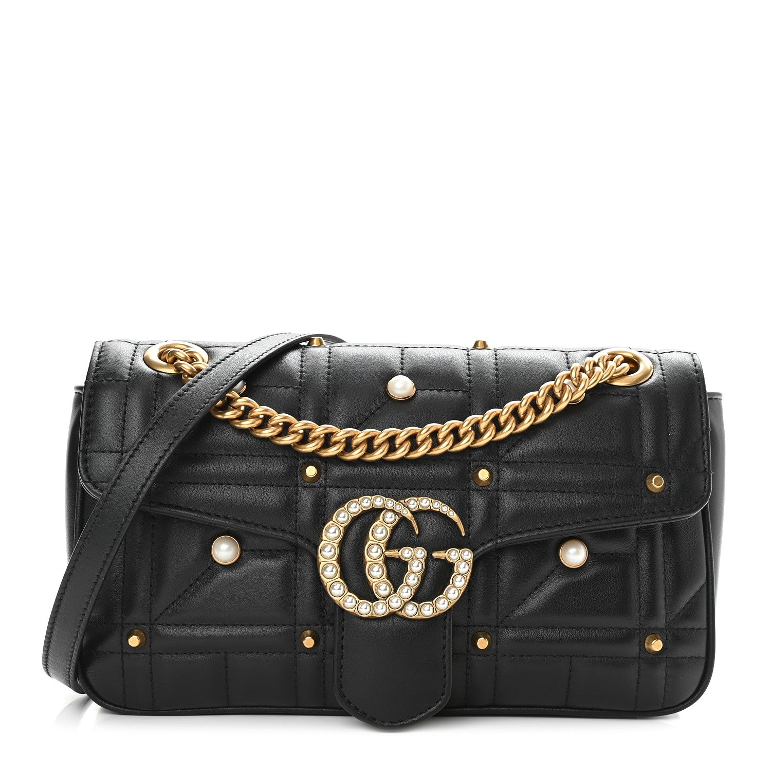 Gucci Calfskin Matelasse Studded Small Pearly GG Marmont Shoulder Bag Black 1 of 10