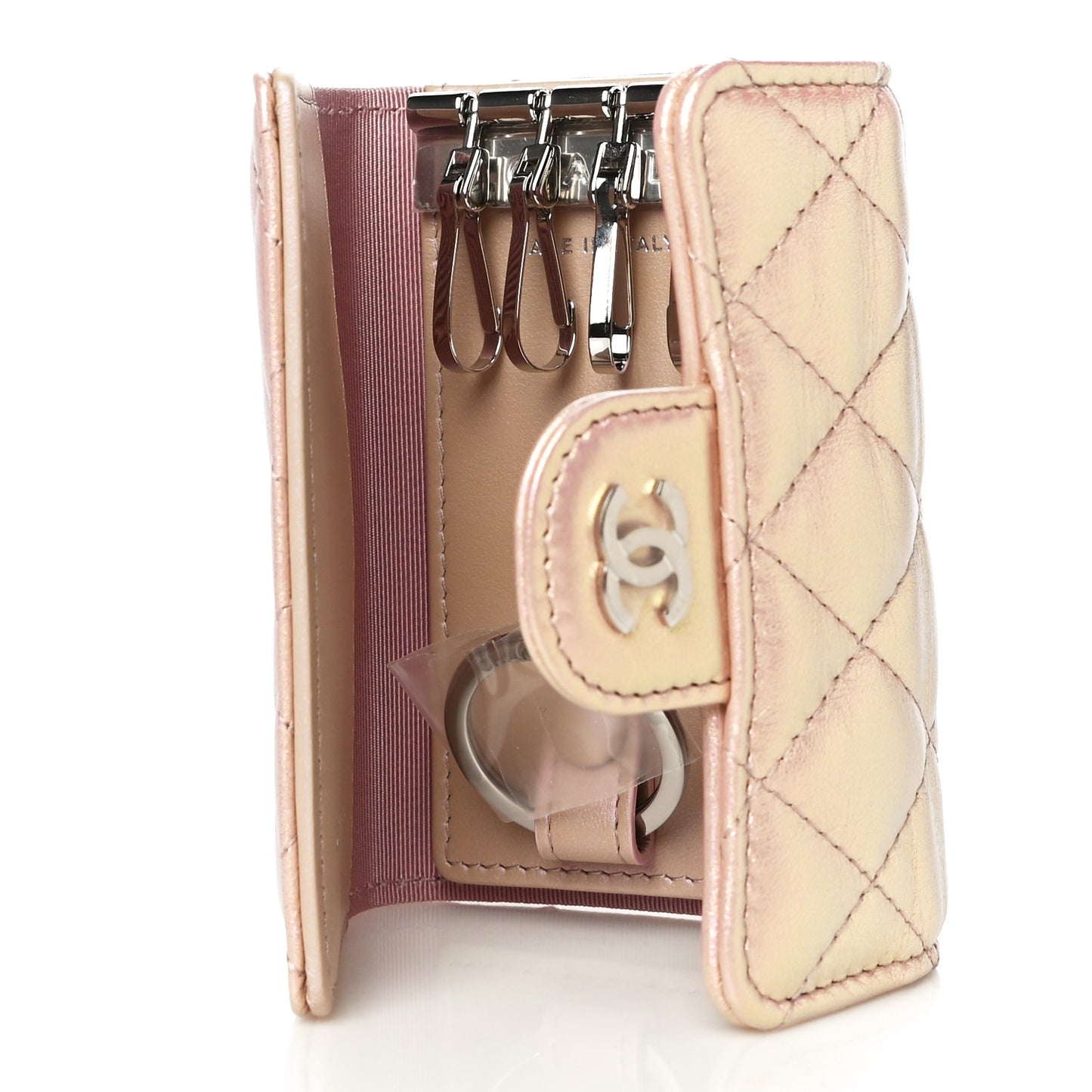 Iridescent Calfskin Quilted Classic 4 Key Holder Wallet Pink