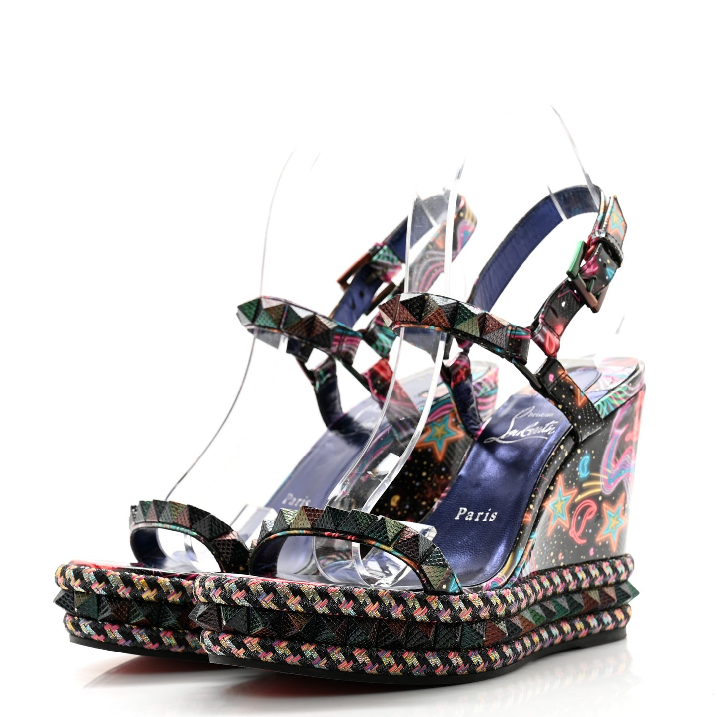 Patent Calfskin Lin By The Night Pyraclou 110 Wedge Sandals 38 Black Multicolor