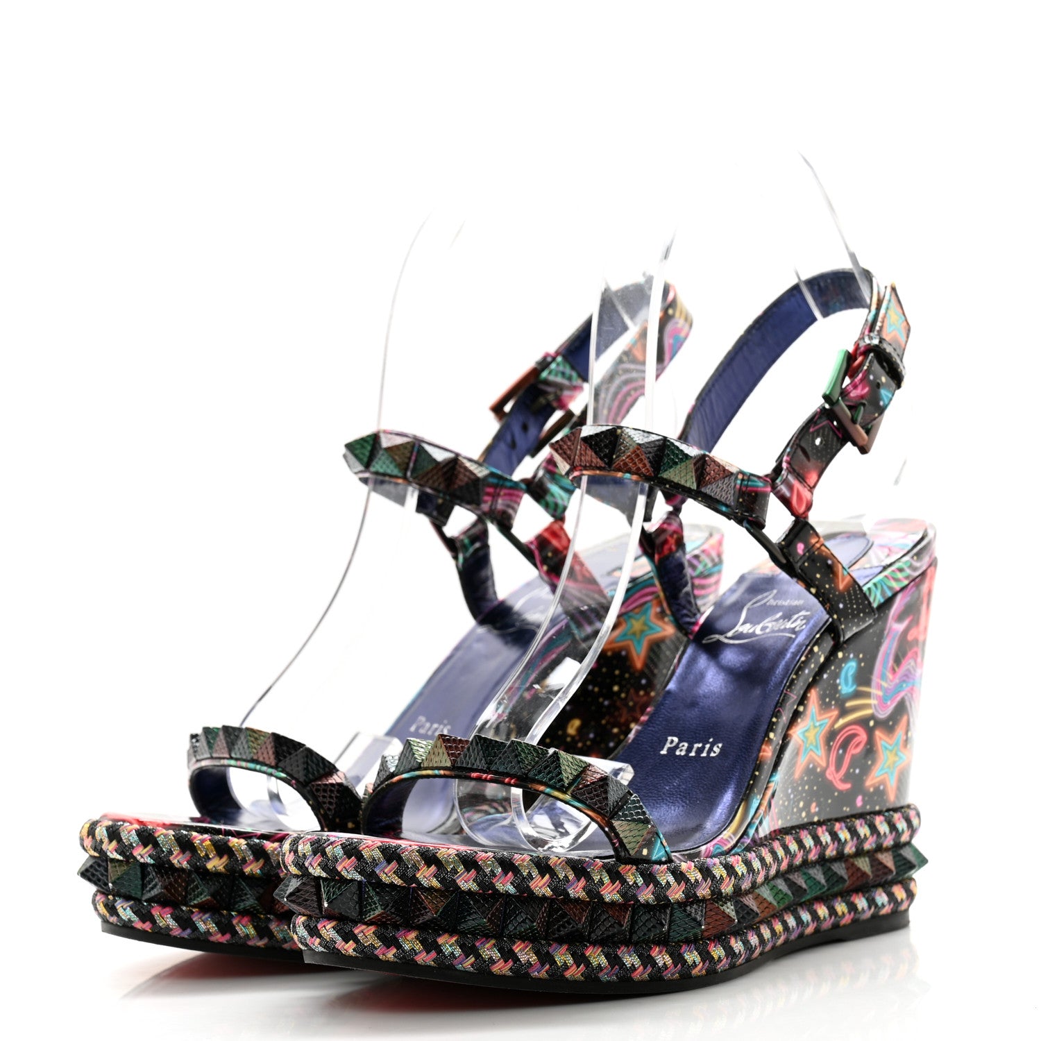 Christian Louboutin Patent Calfskin Lin By The Night Pyraclou 110 Wedge Sandals 38 Black Multicolor 3 of 9