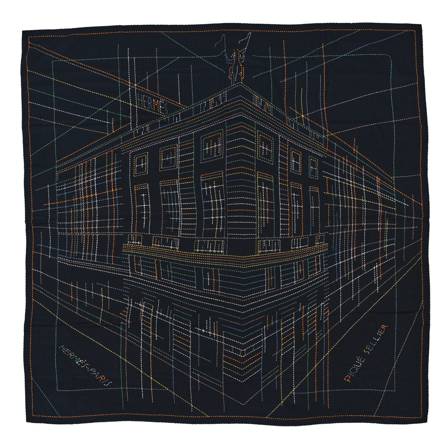 Silk Embroidered Giant Pique Sellier Scarf 140 Caban Vert Jaune