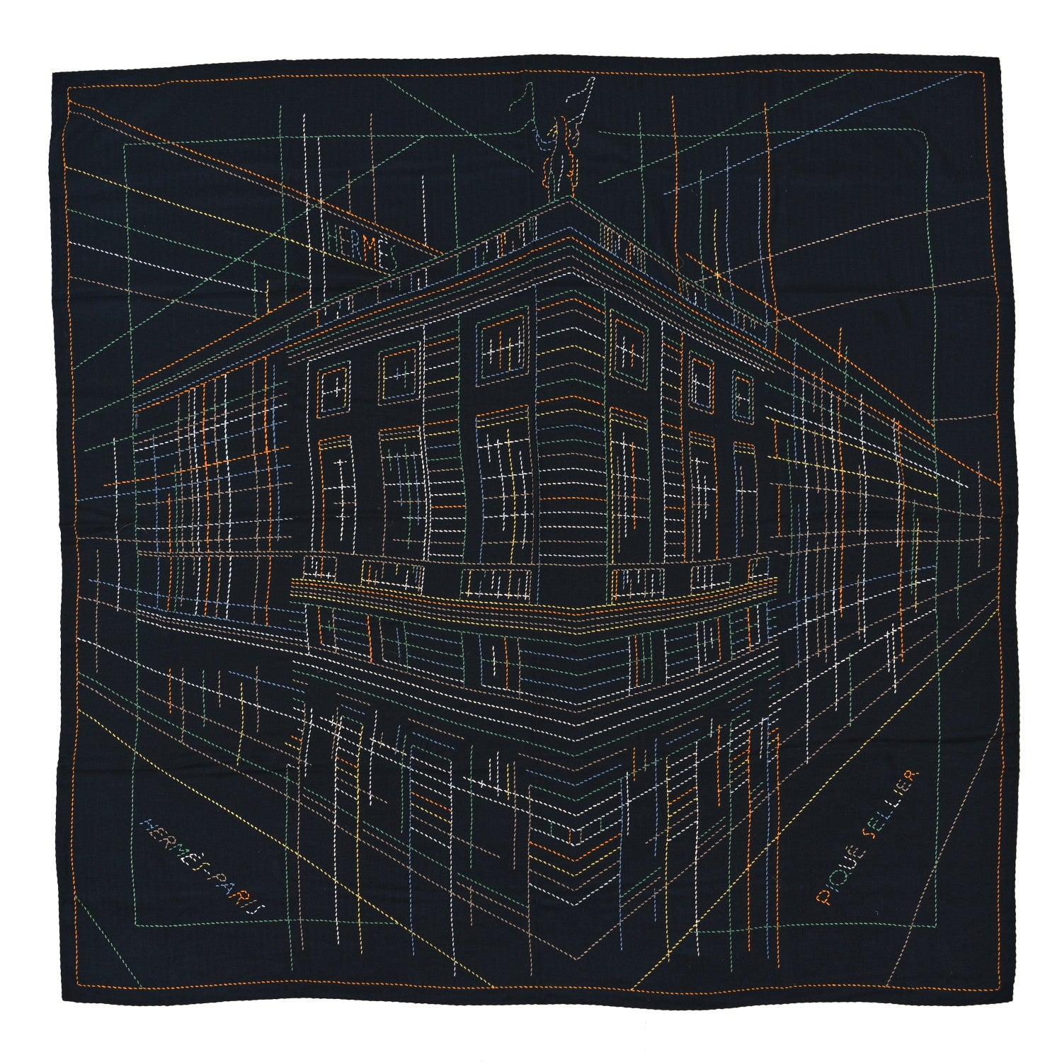 Hermes Silk Embroidered Giant Pique Sellier Scarf 140 Caban Vert Jaune 1 of 3