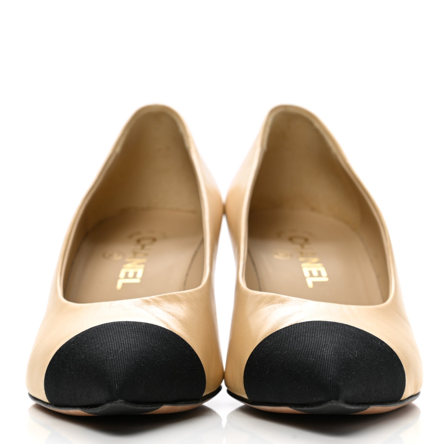 Lambskin Grosgrain Pearl Cap Toe Pumps 38 Beige Black