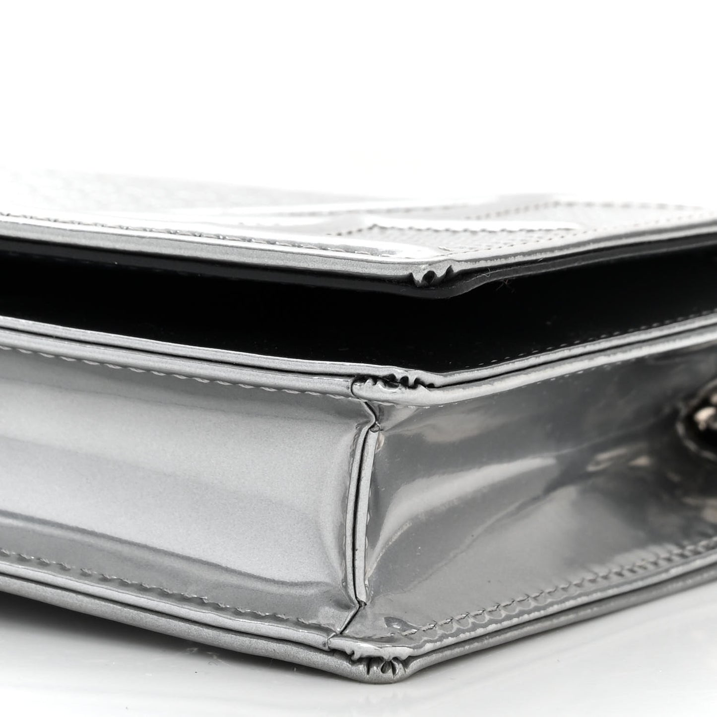Metallic Patent Micro-Cannage Diorama Wallet on Chain Pouch Silver