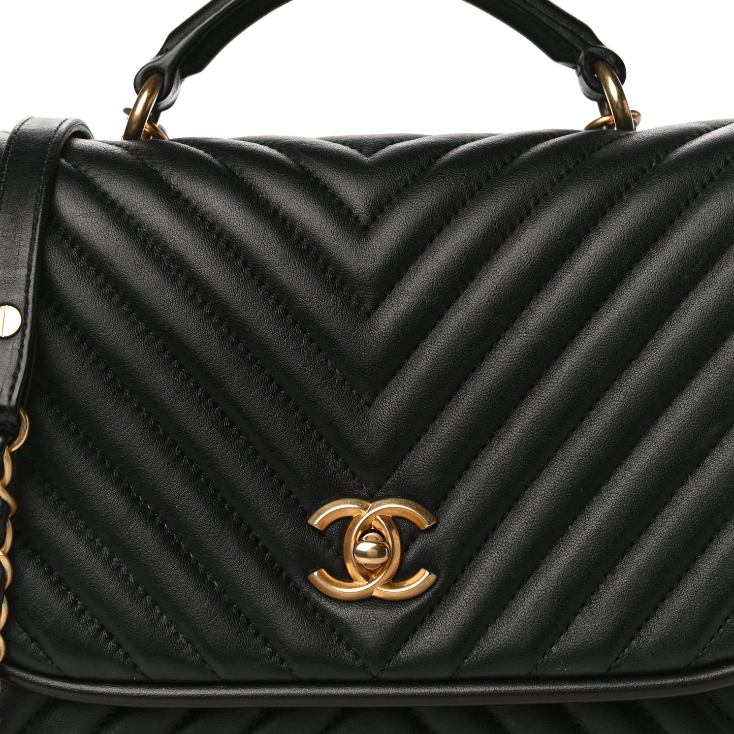 Lambskin Reverse Chevron Quilted Round Top Handle Flap Black
